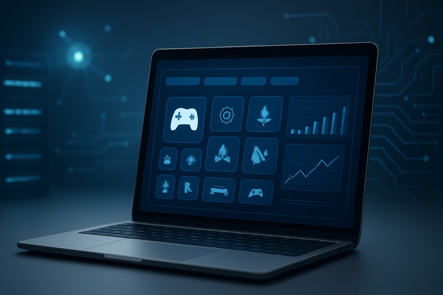 A laptop displaying a gaming dashboard with various game icons and analytics graphs in a digital setting.
